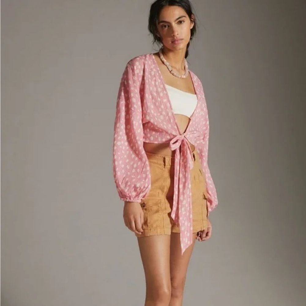 Anthropologie Tie Front Cropped Kimono Pink and White Polka Dot One size